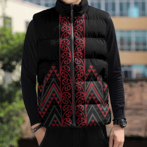 Red Aotearoa Mangopare Kowhaiwhai Niho Taniwha Sleeveless Puffer Jacket Maori New Zealand - Aussie Hoodie