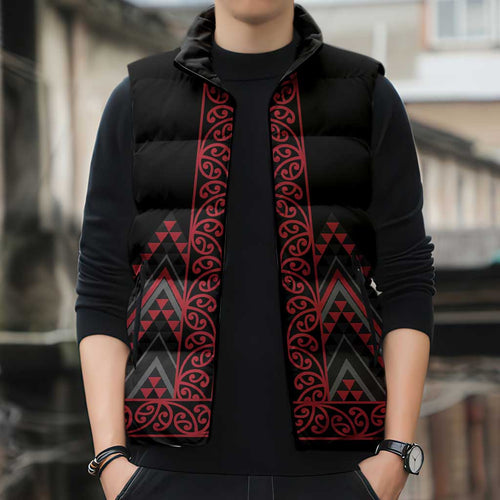 Red Aotearoa Mangopare Kowhaiwhai Niho Taniwha Sleeveless Puffer Jacket Maori New Zealand - Aussie Hoodie
