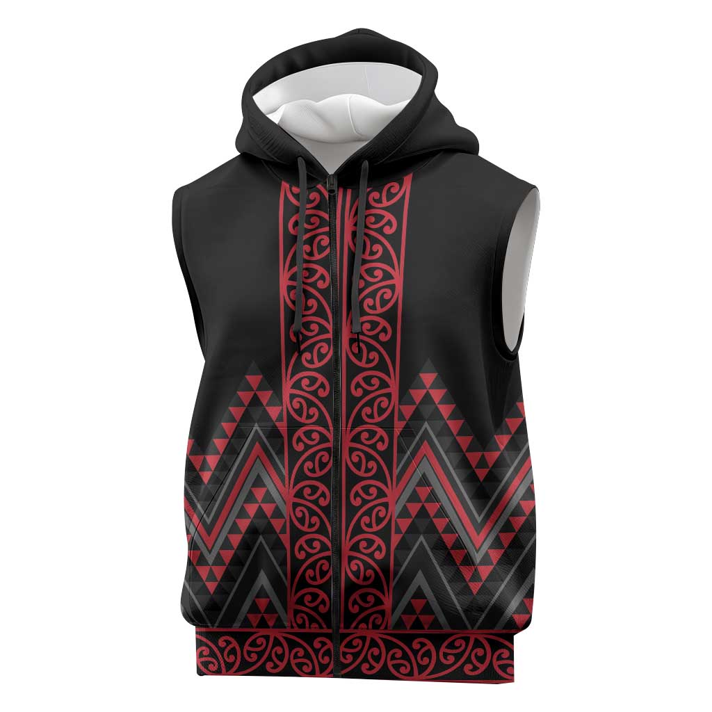 Red Aotearoa Mangopare Kowhaiwhai Niho Taniwha Sleeveless Zip Hoodie Maori New Zealand LT14