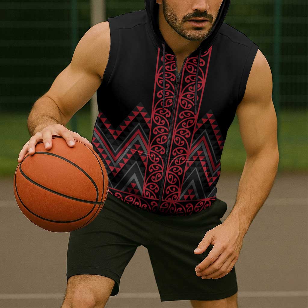 Red Aotearoa Mangopare Kowhaiwhai Niho Taniwha Sleeveless Zip Hoodie Maori New Zealand LT14