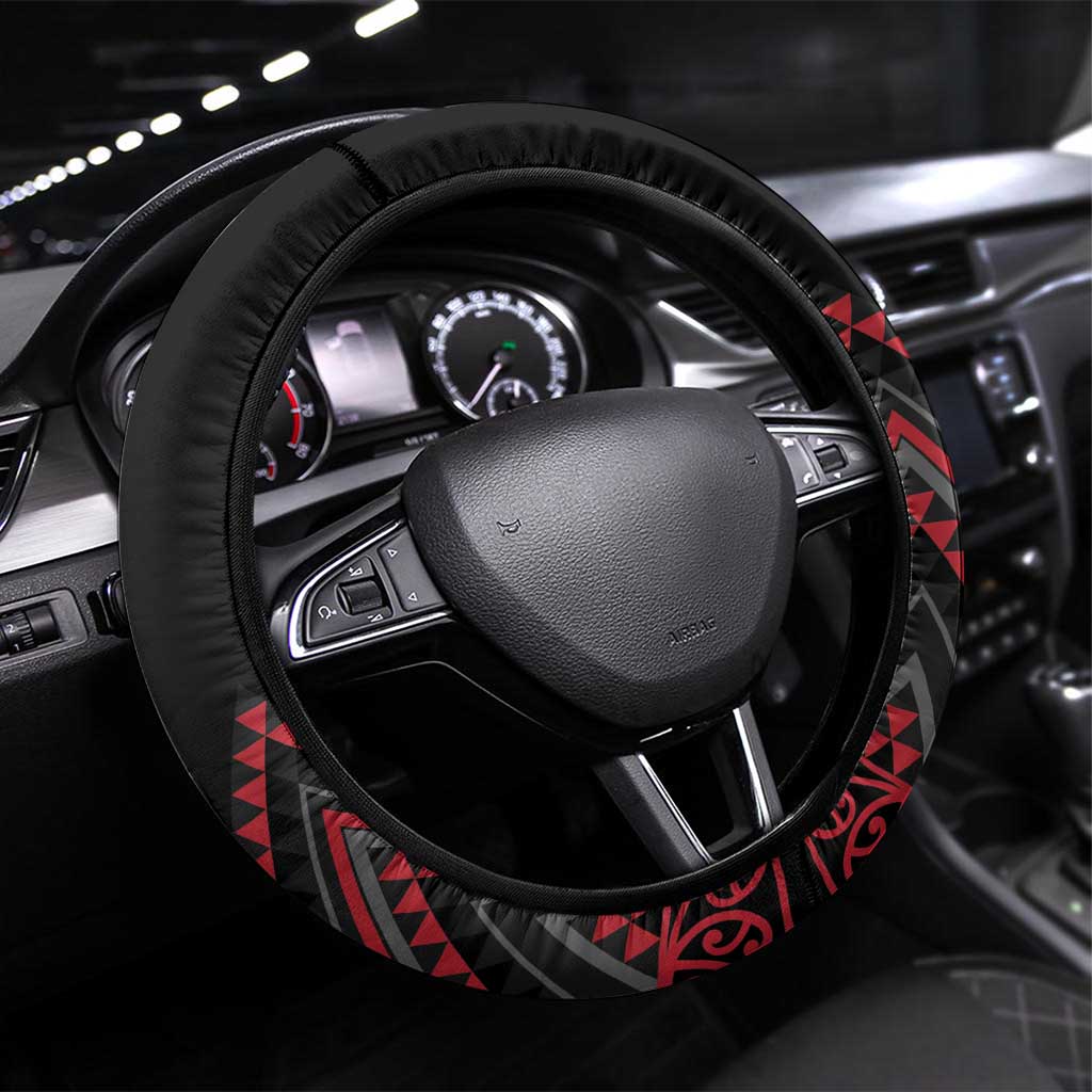 Red Aotearoa Mangopare Kowhaiwhai and Niho Taniwha Steering Wheel Cover Maori New Zealand