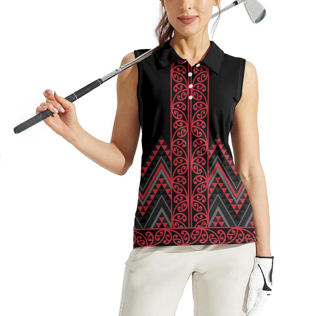 Red Aotearoa Mangopare Kowhaiwhai and Niho Taniwha Women Sleeveless Polo Shirt Maori New Zealand