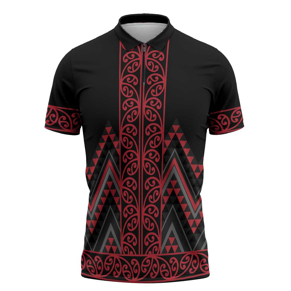 Red Aotearoa Mangopare Kowhaiwhai Niho Taniwha Zipper Polo Shirt Maori New Zealand - Aussie Hoodie