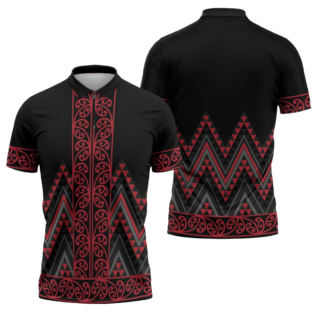 Red Aotearoa Mangopare Kowhaiwhai Niho Taniwha Zipper Polo Shirt Maori New Zealand - Aussie Hoodie