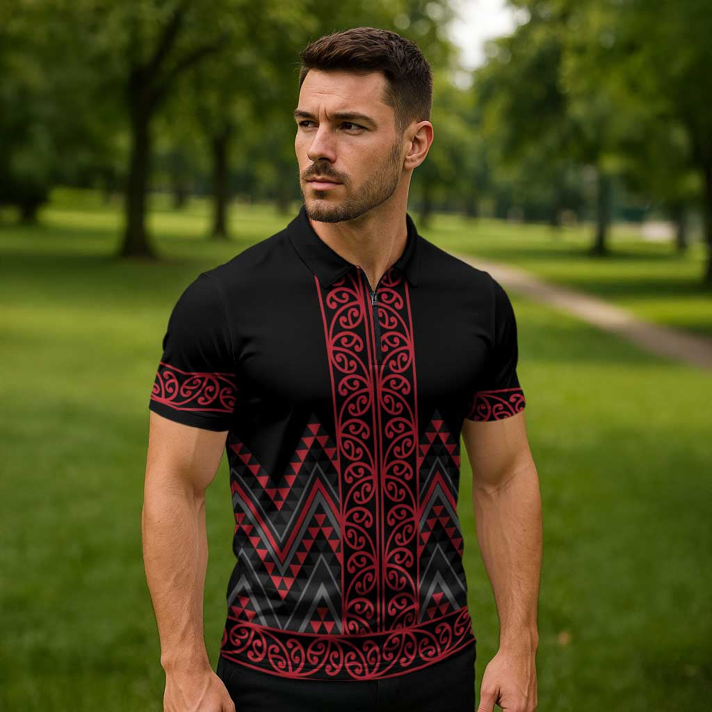 Red Aotearoa Mangopare Kowhaiwhai Niho Taniwha Zipper Polo Shirt Maori New Zealand - Aussie Hoodie
