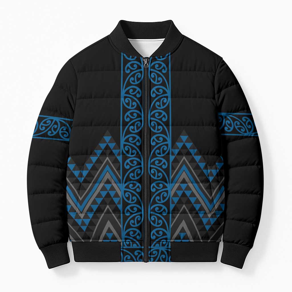 Blue Aotearoa Mangopare Kowhaiwhai Niho Taniwha Bomber Puffer Jacket Maori New Zealand - Aussie Hoodie