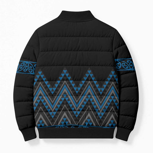 Blue Aotearoa Mangopare Kowhaiwhai Niho Taniwha Bomber Puffer Jacket Maori New Zealand - Aussie Hoodie