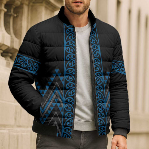Blue Aotearoa Mangopare Kowhaiwhai Niho Taniwha Bomber Puffer Jacket Maori New Zealand - Aussie Hoodie