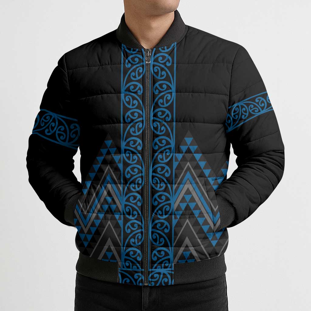 Blue Aotearoa Mangopare Kowhaiwhai Niho Taniwha Bomber Puffer Jacket Maori New Zealand - Aussie Hoodie