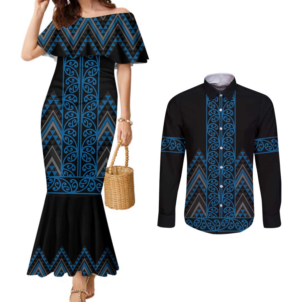 Blue Aotearoa Mangopare Kowhaiwhai and Niho Taniwha Couples Matching Mermaid Dress and Long Sleeve Button Shirt Maori New Zealand