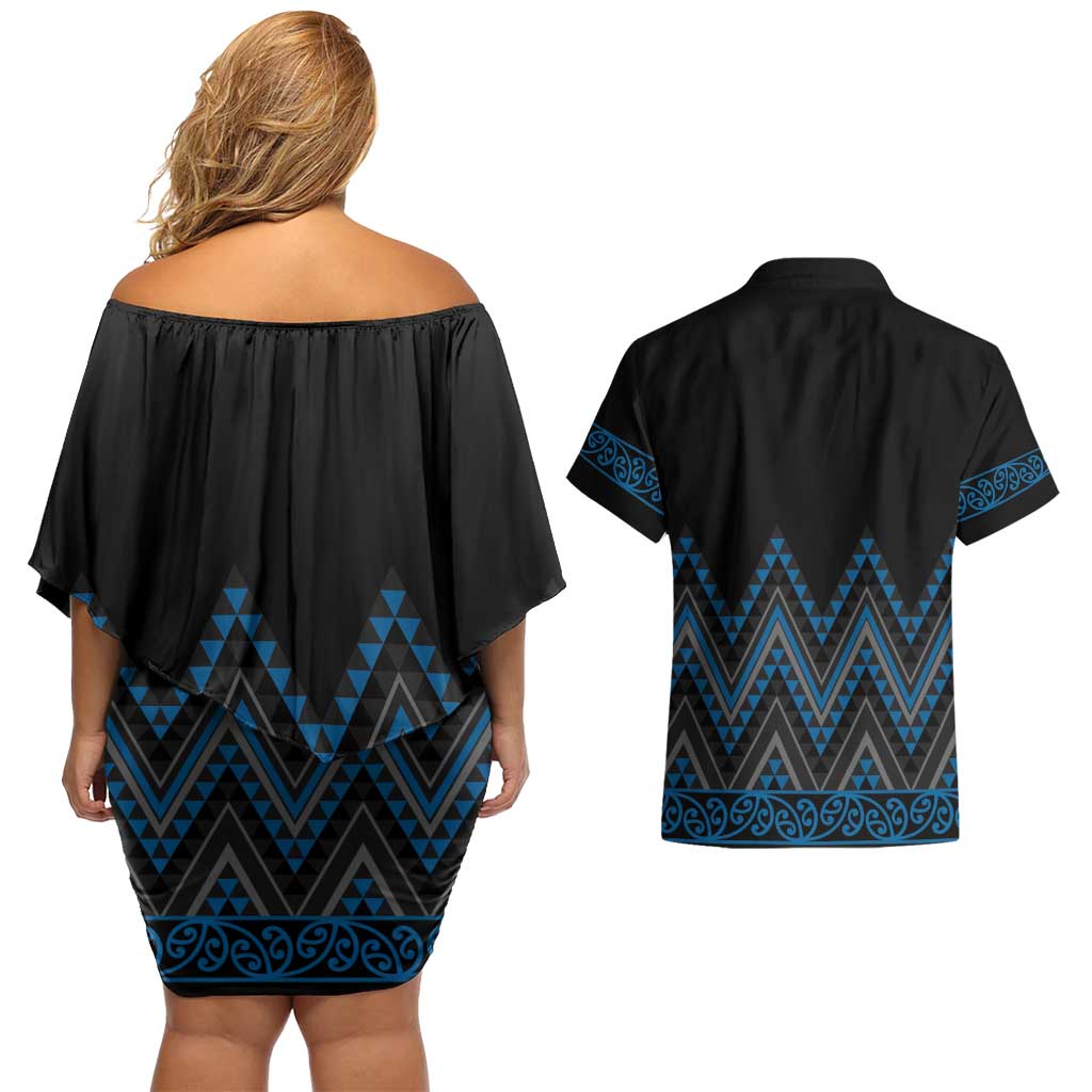 Blue Aotearoa Mangopare Kowhaiwhai and Niho Taniwha Couples Matching Off Shoulder Short Dress and Hawaiian Shirt Maori New Zealand