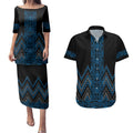 Blue Aotearoa Mangopare Kowhaiwhai and Niho Taniwha Couples Matching Puletasi and Hawaiian Shirt Maori New Zealand