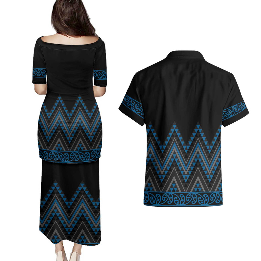 Blue Aotearoa Mangopare Kowhaiwhai and Niho Taniwha Couples Matching Puletasi and Hawaiian Shirt Maori New Zealand