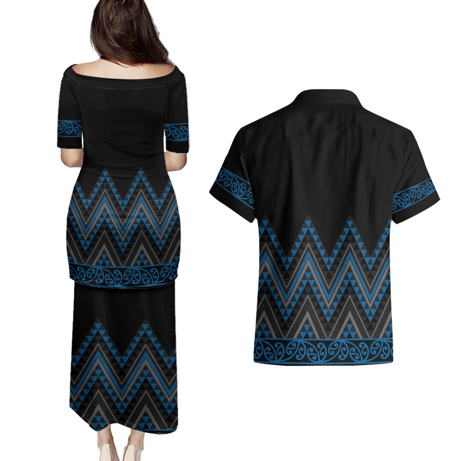Blue Aotearoa Mangopare Kowhaiwhai and Niho Taniwha Couples Matching Puletasi and Hawaiian Shirt Maori New Zealand