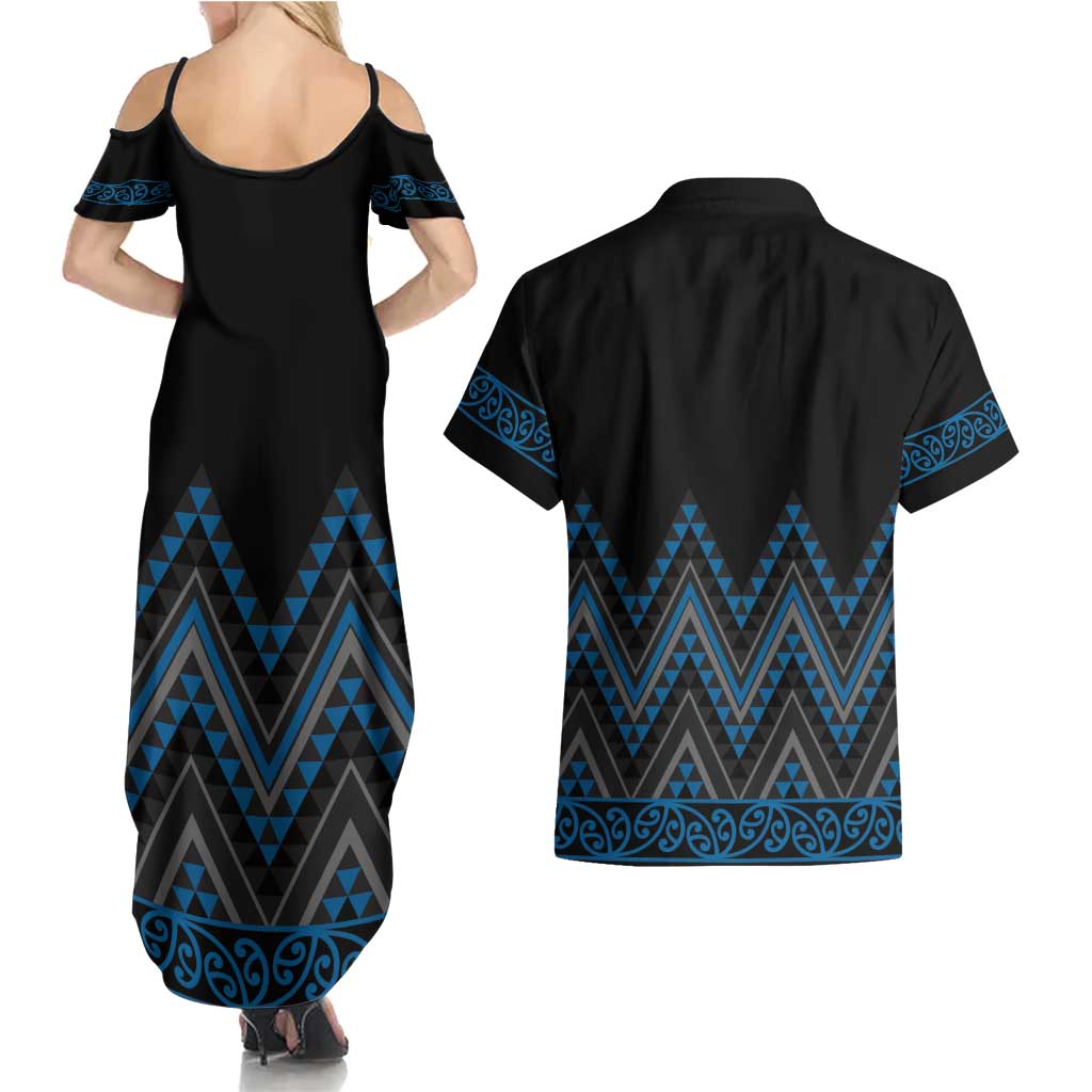 Blue Aotearoa Mangopare Kowhaiwhai and Niho Taniwha Couples Matching Summer Maxi Dress and Hawaiian Shirt Maori New Zealand
