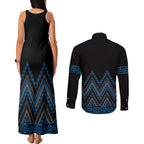 Blue Aotearoa Mangopare Kowhaiwhai and Niho Taniwha Couples Matching Tank Maxi Dress and Long Sleeve Button Shirt Maori New Zealand