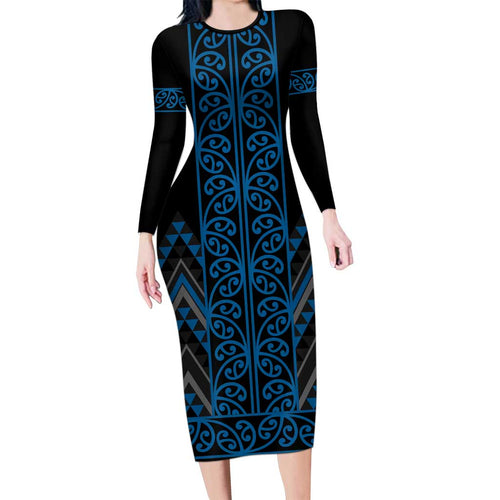 Blue Aotearoa Mangopare Kowhaiwhai and Niho Taniwha Family Matching Long Sleeve Bodycon Dress and Hawaiian Shirt Maori New Zealand