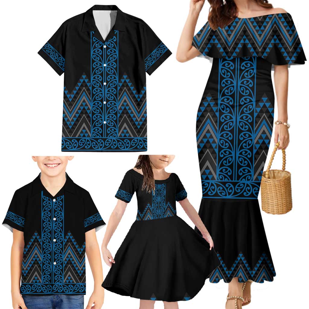 Blue Aotearoa Mangopare Kowhaiwhai and Niho Taniwha Family Matching Mermaid Dress and Hawaiian Shirt Maori New Zealand