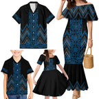 Blue Aotearoa Mangopare Kowhaiwhai and Niho Taniwha Family Matching Mermaid Dress and Hawaiian Shirt Maori New Zealand