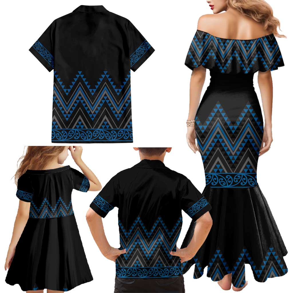 Blue Aotearoa Mangopare Kowhaiwhai and Niho Taniwha Family Matching Mermaid Dress and Hawaiian Shirt Maori New Zealand