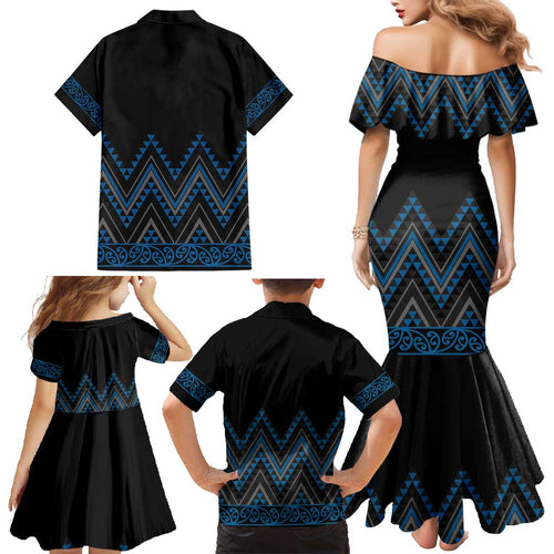 Blue Aotearoa Mangopare Kowhaiwhai and Niho Taniwha Family Matching Mermaid Dress and Hawaiian Shirt Maori New Zealand