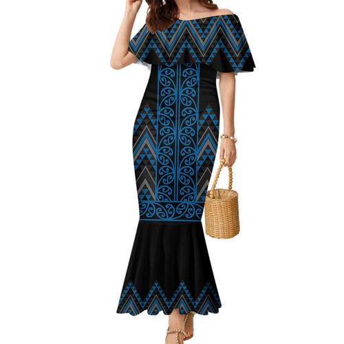 Blue Aotearoa Mangopare Kowhaiwhai and Niho Taniwha Family Matching Mermaid Dress and Hawaiian Shirt Maori New Zealand