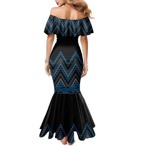 Blue Aotearoa Mangopare Kowhaiwhai and Niho Taniwha Family Matching Mermaid Dress and Hawaiian Shirt Maori New Zealand