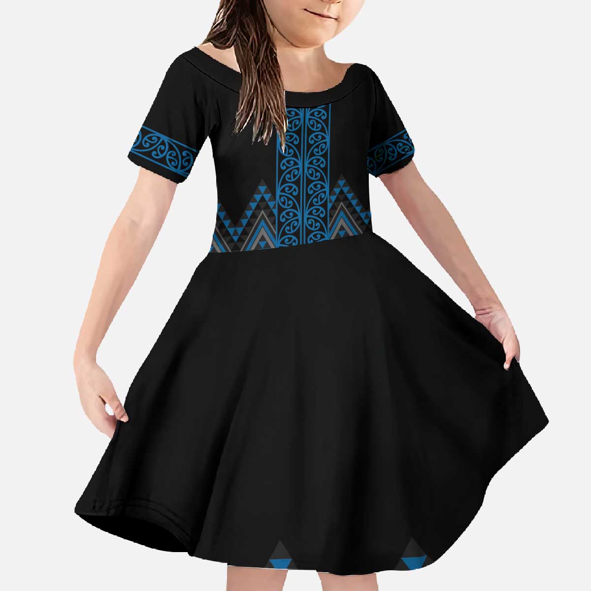 Blue Aotearoa Mangopare Kowhaiwhai and Niho Taniwha Family Matching Off The Shoulder Long Sleeve Dress and Hawaiian Shirt Maori New Zealand