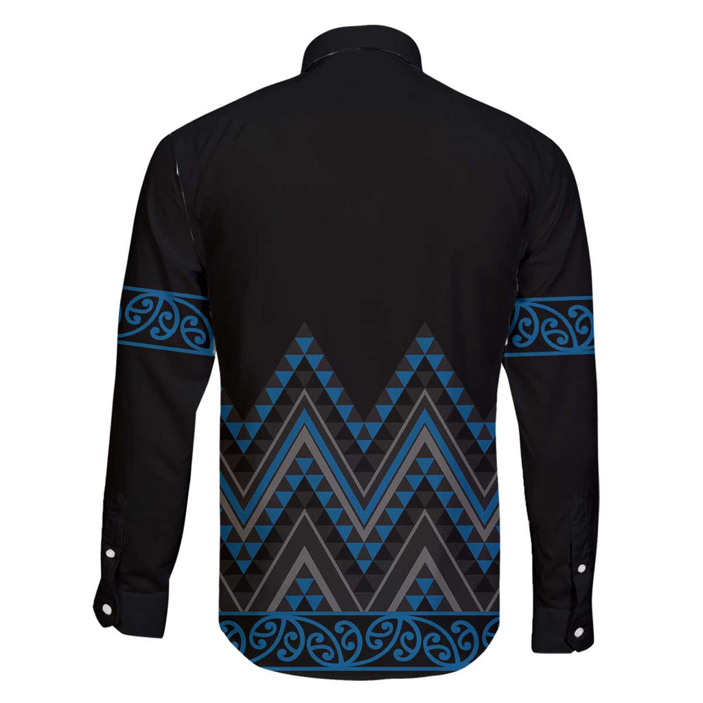 Blue Aotearoa Mangopare Kowhaiwhai and Niho Taniwha Family Matching Off The Shoulder Long Sleeve Dress and Hawaiian Shirt Maori New Zealand