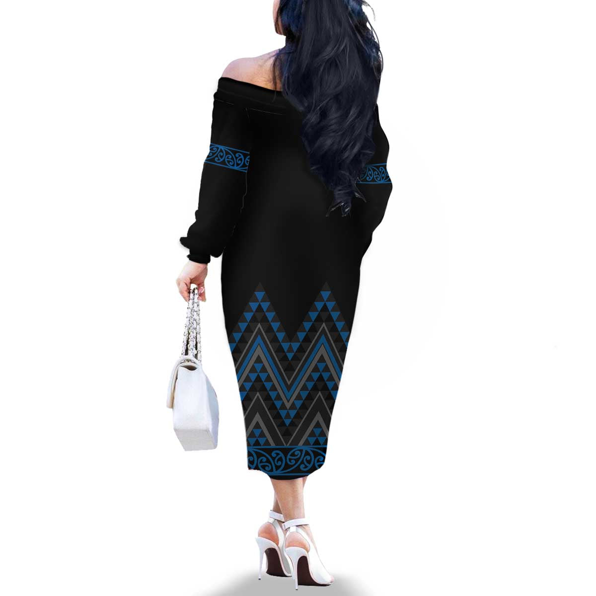 Blue Aotearoa Mangopare Kowhaiwhai and Niho Taniwha Family Matching Off The Shoulder Long Sleeve Dress and Hawaiian Shirt Maori New Zealand