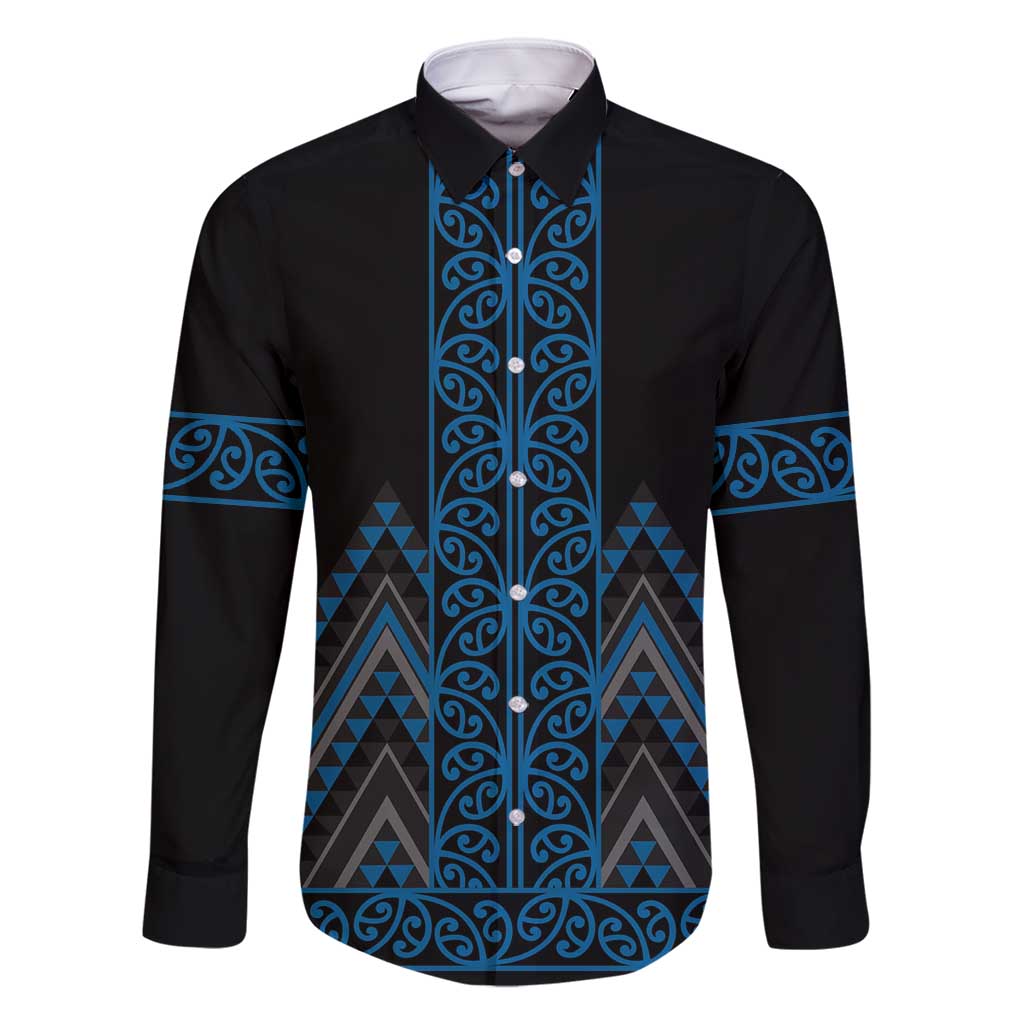 Blue Aotearoa Mangopare Kowhaiwhai and Niho Taniwha Family Matching Off Shoulder Maxi Dress and Hawaiian Shirt Maori New Zealand