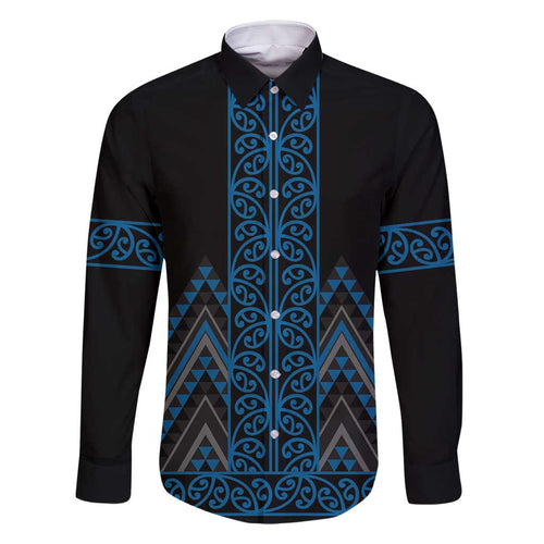 Blue Aotearoa Mangopare Kowhaiwhai and Niho Taniwha Family Matching Off Shoulder Maxi Dress and Hawaiian Shirt Maori New Zealand