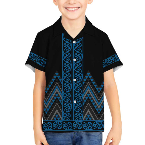 Blue Aotearoa Mangopare Kowhaiwhai and Niho Taniwha Family Matching Off Shoulder Maxi Dress and Hawaiian Shirt Maori New Zealand