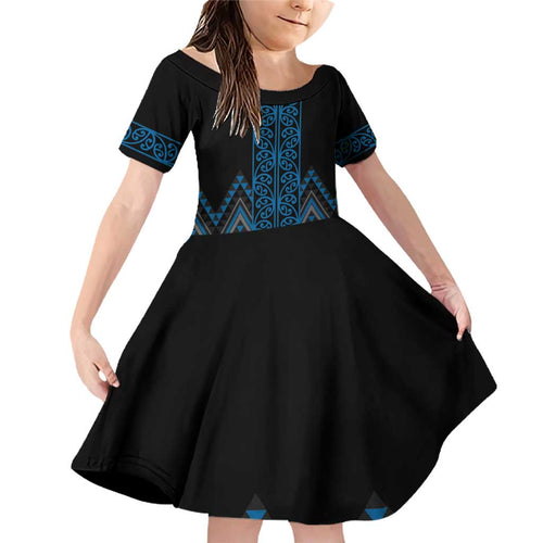 Blue Aotearoa Mangopare Kowhaiwhai and Niho Taniwha Family Matching Off Shoulder Short Dress and Hawaiian Shirt Maori New Zealand