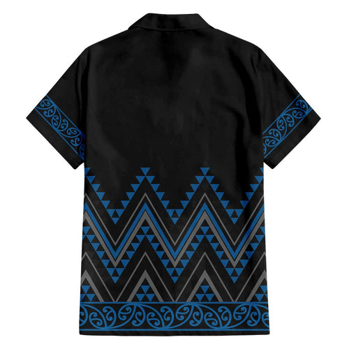 Blue Aotearoa Mangopare Kowhaiwhai and Niho Taniwha Family Matching Off Shoulder Short Dress and Hawaiian Shirt Maori New Zealand