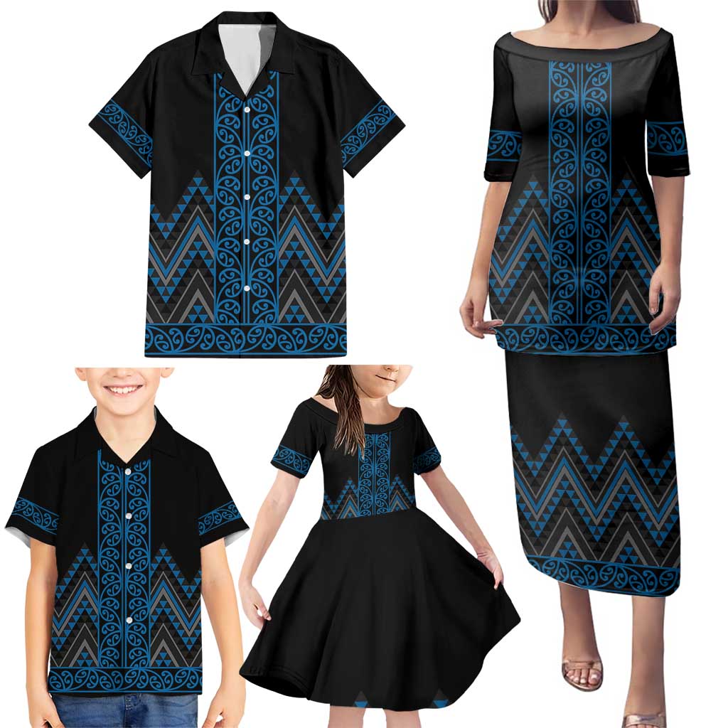 Blue Aotearoa Mangopare Kowhaiwhai and Niho Taniwha Family Matching Puletasi and Hawaiian Shirt Maori New Zealand