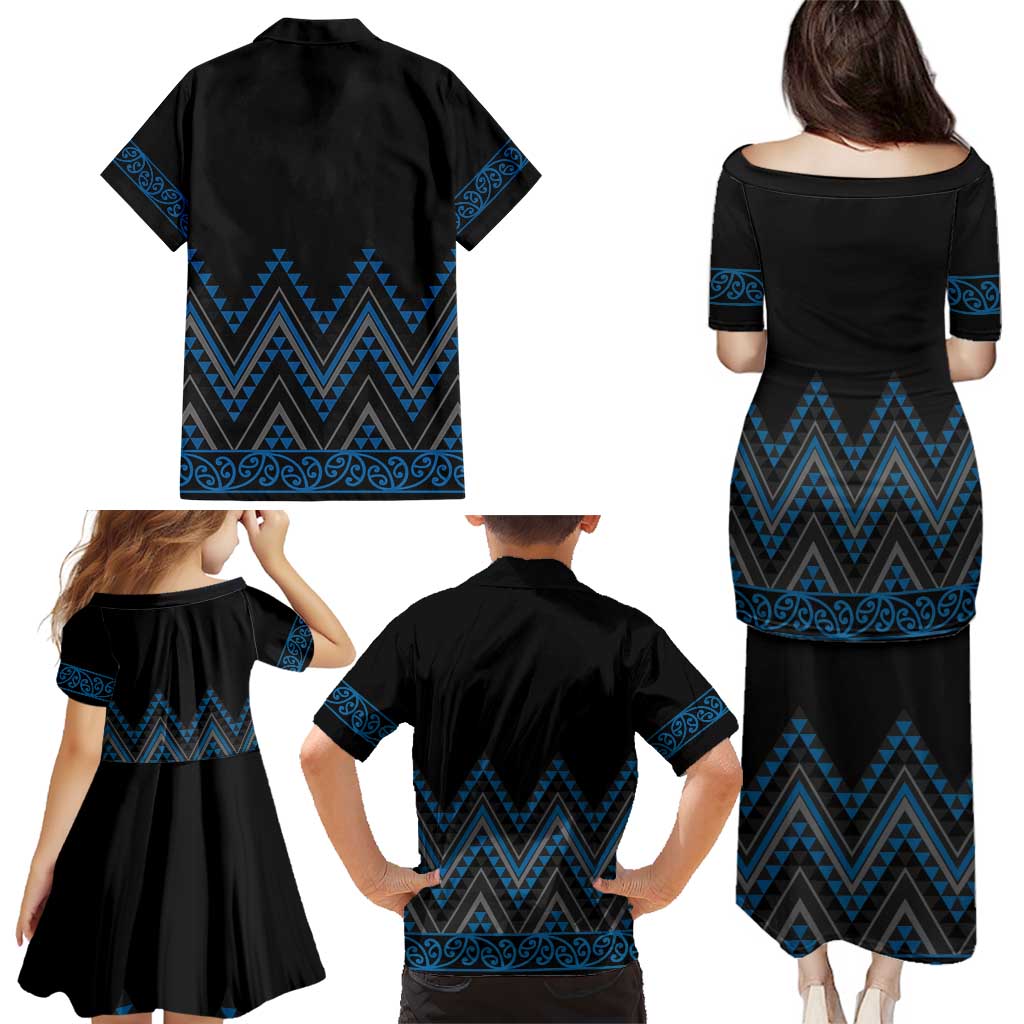 Blue Aotearoa Mangopare Kowhaiwhai and Niho Taniwha Family Matching Puletasi and Hawaiian Shirt Maori New Zealand