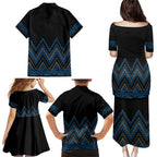 Blue Aotearoa Mangopare Kowhaiwhai and Niho Taniwha Family Matching Puletasi and Hawaiian Shirt Maori New Zealand