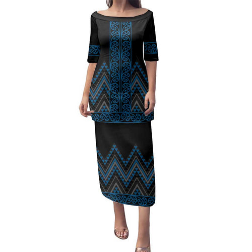 Blue Aotearoa Mangopare Kowhaiwhai and Niho Taniwha Family Matching Puletasi and Hawaiian Shirt Maori New Zealand