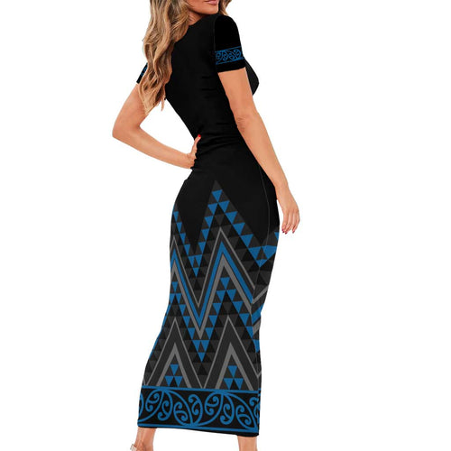 Blue Aotearoa Mangopare Kowhaiwhai and Niho Taniwha Family Matching Short Sleeve Bodycon Dress and Hawaiian Shirt Maori New Zealand