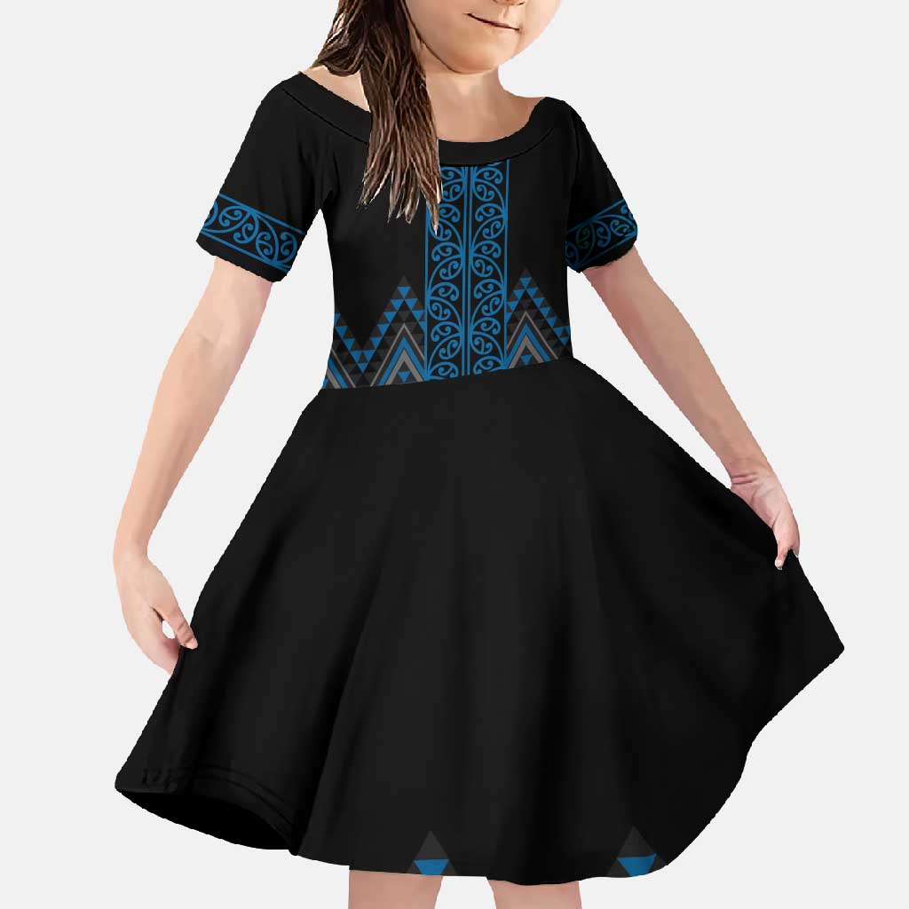 Blue Aotearoa Mangopare Kowhaiwhai and Niho Taniwha Family Matching Summer Maxi Dress and Hawaiian Shirt Maori New Zealand