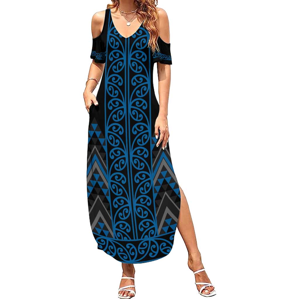 Blue Aotearoa Mangopare Kowhaiwhai and Niho Taniwha Family Matching Summer Maxi Dress and Hawaiian Shirt Maori New Zealand