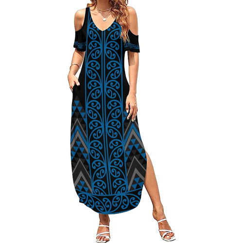 Blue Aotearoa Mangopare Kowhaiwhai and Niho Taniwha Family Matching Summer Maxi Dress and Hawaiian Shirt Maori New Zealand