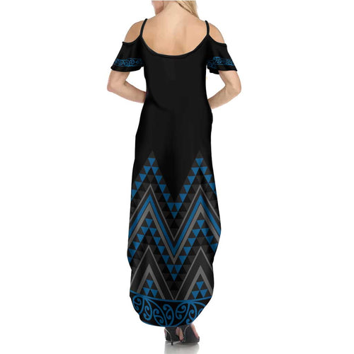 Blue Aotearoa Mangopare Kowhaiwhai and Niho Taniwha Family Matching Summer Maxi Dress and Hawaiian Shirt Maori New Zealand