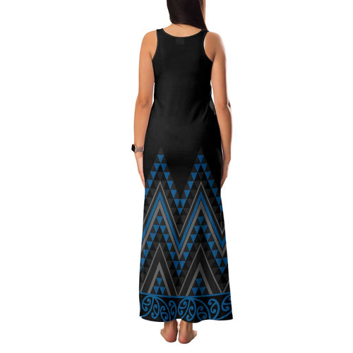 Blue Aotearoa Mangopare Kowhaiwhai and Niho Taniwha Family Matching Tank Maxi Dress and Hawaiian Shirt Maori New Zealand