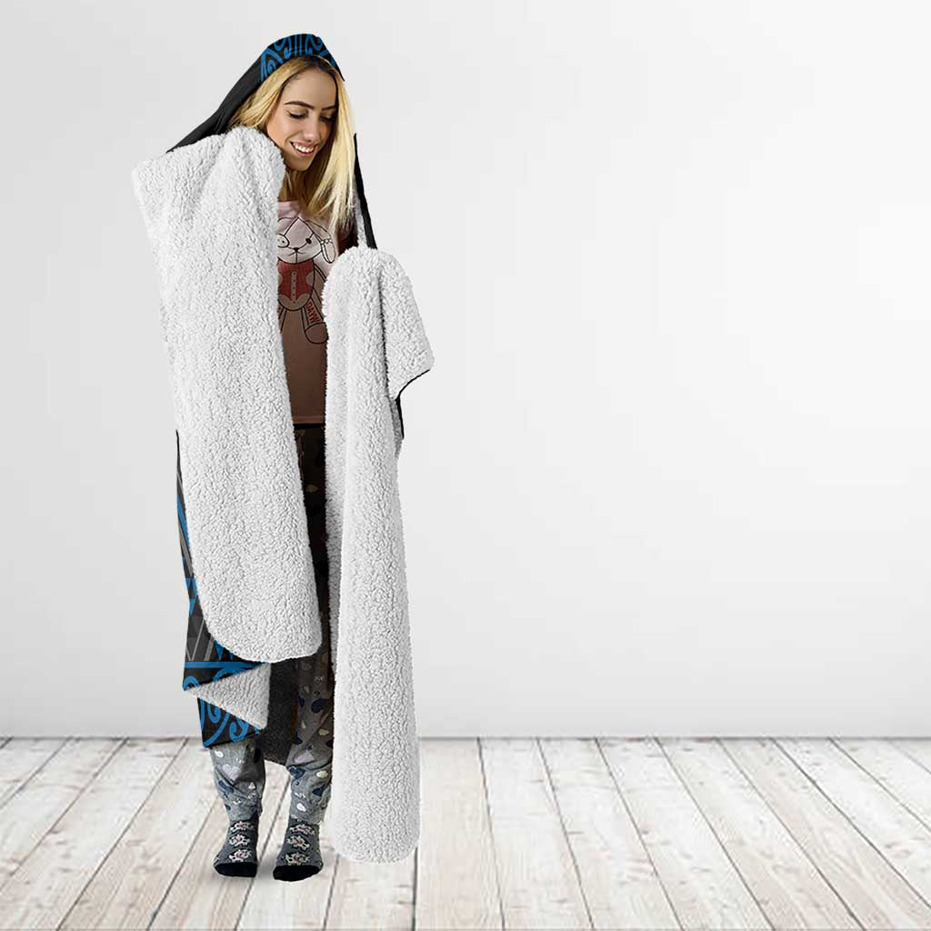 Blue Aotearoa Mangopare Kowhaiwhai and Niho Taniwha Hooded Blanket Maori New Zealand