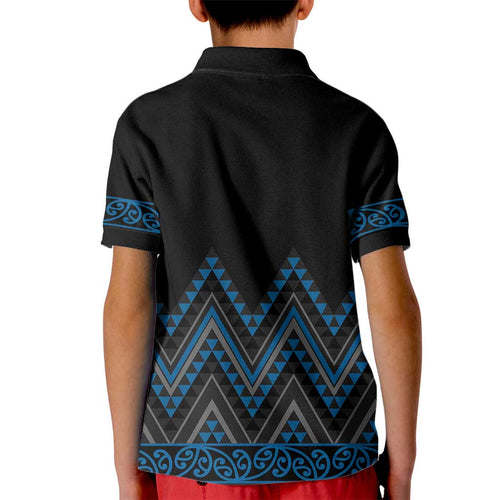 Blue Aotearoa Mangopare Kowhaiwhai and Niho Taniwha Kid Polo Shirt Maori New Zealand