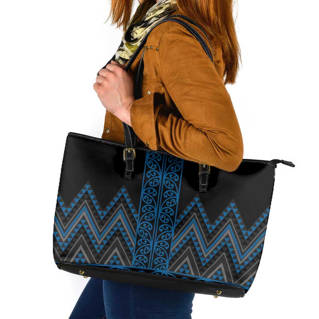 Blue Aotearoa Mangopare Kowhaiwhai and Niho Taniwha Leather Tote Bag Maori New Zealand