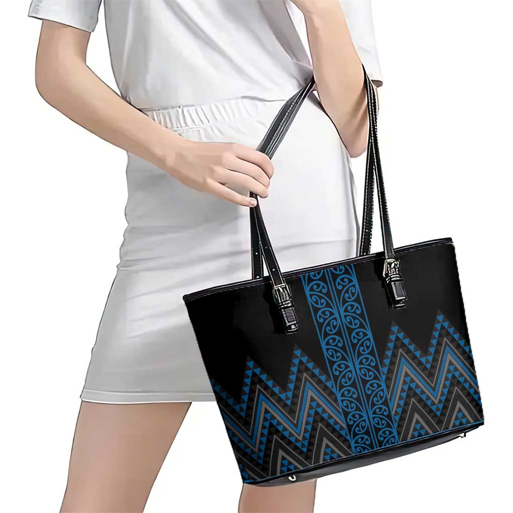 Blue Aotearoa Mangopare Kowhaiwhai and Niho Taniwha Leather Tote Bag Maori New Zealand