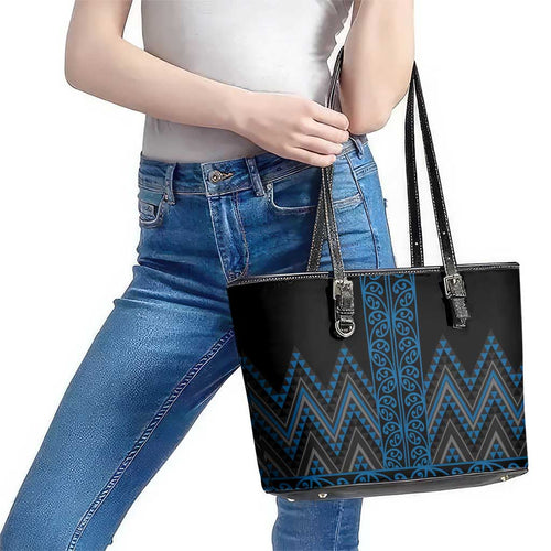 Blue Aotearoa Mangopare Kowhaiwhai and Niho Taniwha Leather Tote Bag Maori New Zealand